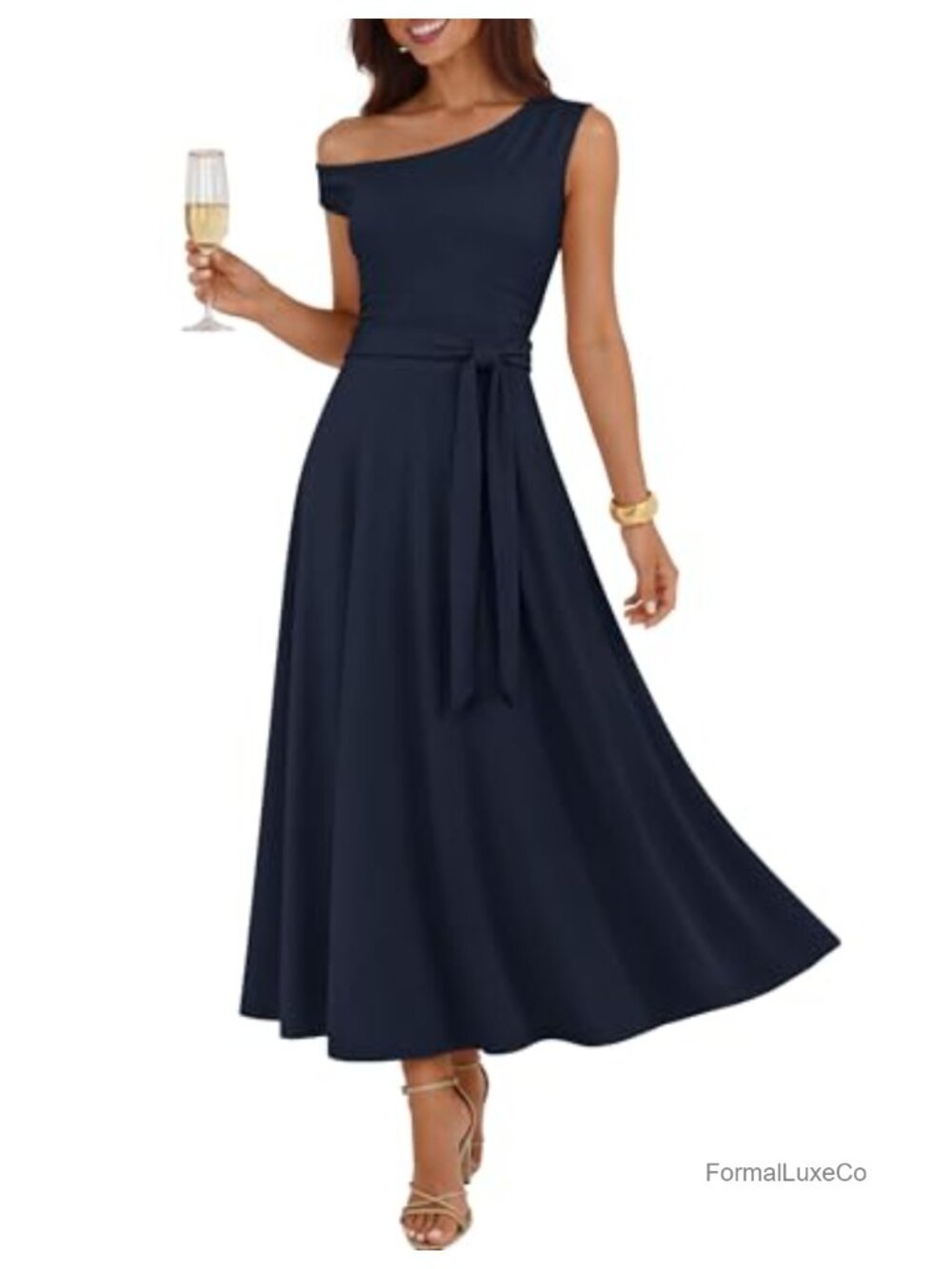 One Shoulder Tie Waist Maxi Dress Sleeveless A-Line Party